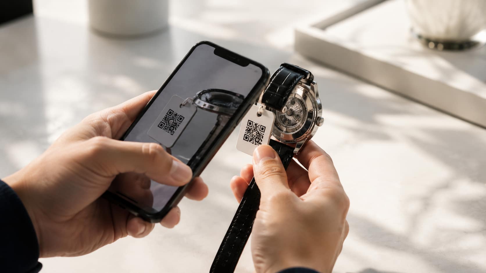 Luxury watch QR code scan using Aleverum Digital Product Passport platform for product traceability