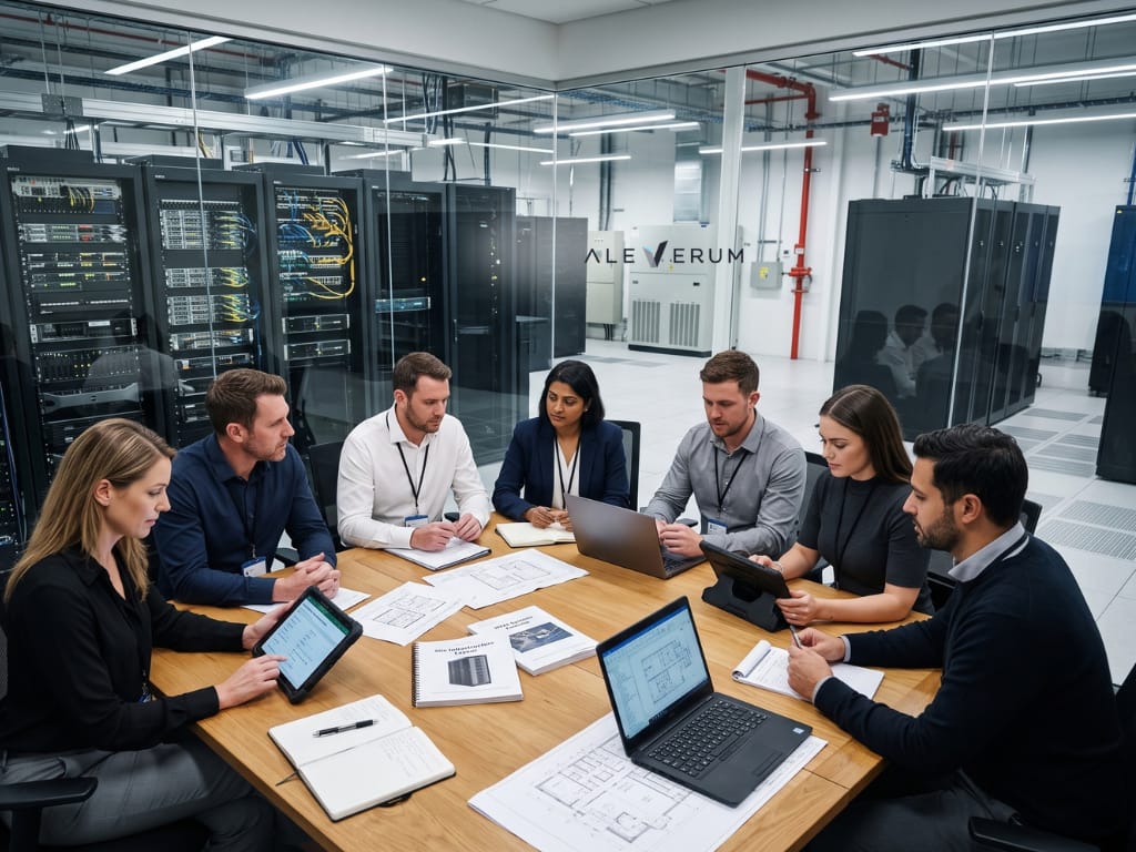 Data centre engineer reviewing energy and emissions data