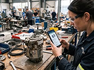 Product manager reviewing a digital product passport with QR code