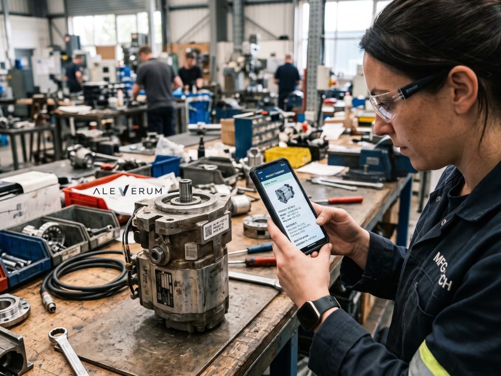 Product manager reviewing a digital product passport with QR code